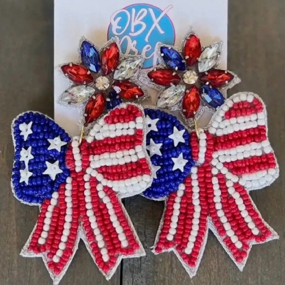 Patriotic Beaded Ribbon Earrings with Red, White & Blue Crystals